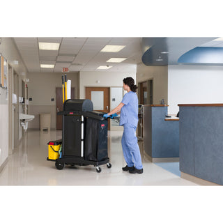 Rubbermaid® Commercial Executive High Security Janitorial Cleaning Cart, Plastic, 4 Shelves, 1 Bin, 23.1" x 39.6" x 27.5", Black (RCP1861427)