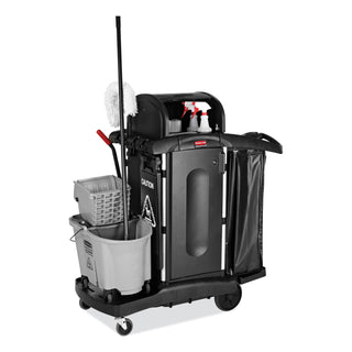 Rubbermaid® Commercial Executive High Security Janitorial Cleaning Cart, Plastic, 4 Shelves, 1 Bin, 23.1" x 39.6" x 27.5", Black (RCP1861427)