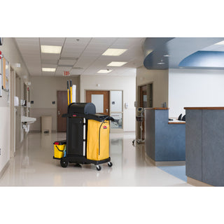 Rubbermaid® Commercial High-Security Healthcare Cleaning Cart, Metal, 4 Shelves, 1 Bin, 22" x 48.25" x 53.5", Black (RUB9T7500BK)