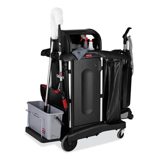 Rubbermaid® Commercial Executive High Security Janitorial Cleaning Cart, Plastic, 4 Shelves, 1 Bin, 23.1" x 39.6" x 27.5", Black (RCP1861427)