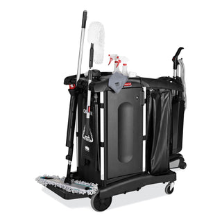 Rubbermaid® Commercial Executive High Security Janitorial Cleaning Cart, Plastic, 4 Shelves, 1 Bin, 23.1" x 39.6" x 27.5", Black (RCP1861427)
