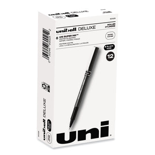 uniball® Deluxe Stick Roller Ball Pen, Micro 0.5mm, Black Ink, Metallic Gray Barrel, Dozen (UBC60025)