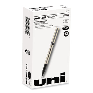 uniball® Deluxe Stick Roller Ball Pen, Fine 0.7mm, Black Ink, Champagne Barrel, Dozen (UBC60052)