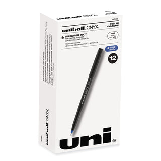 uniball® ONYX Stick Roller Ball Pen, Fine 0.7mm, Blue Ink, Black Matte Barrel, Dozen (UBC60145)
