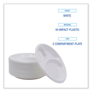 Boardwalk® Hi-Impact Plastic Dinnerware, Plate, 3-Compartment, 10" dia, White, 500/Carton (BWKPLTHIPS10WH3)