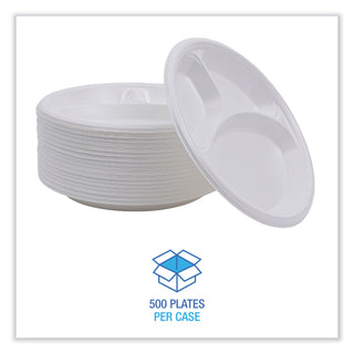 Boardwalk® Hi-Impact Plastic Dinnerware, Plate, 3-Compartment, 10" dia, White, 500/Carton (BWKPLTHIPS10WH3)