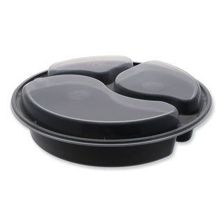 Pactiv Evergreen Newspring VERSAtainer Microwavable Containers, Round, 3-Compartment, 39 oz, 9 x 9 x 2.25, Black/Clear, Plastic, 150/Carton (PCTNC9388B)
