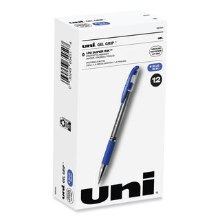 uniball® Signo GRIP Stick Gel Pen, Medium 0.7mm, Blue Ink, Silver/Blue Barrel, Dozen (UBC65451)