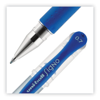 uniball® Signo GRIP Stick Gel Pen, Medium 0.7mm, Blue Ink, Silver/Blue Barrel, Dozen (UBC65451)