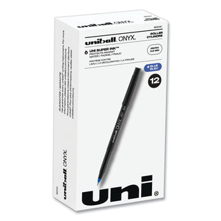 uniball® ONYX Stick Roller Ball Pen, Micro 0.5mm, Blue Ink, Black Matte Barrel, Dozen (UBC60041)