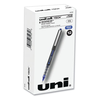 uniball® VISION Stick Roller Ball Pen, Micro 0.5mm, Blue Ink, Blue/Gray Barrel, Dozen (UBC60108)