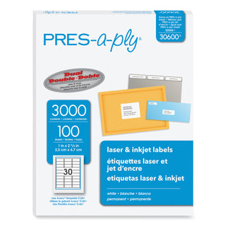 PRES-a-ply® Labels, Laser Printers, 1 x 2.63, White, 30/Sheet, 100 Sheets/Box (AVE30600)