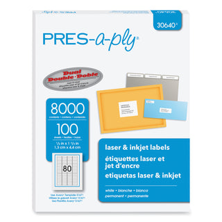 PRES-a-ply® Labels, Inkjet/Laser Printers, 0.5 x 1.75, White, 80/Sheet, 100 Sheets/Pack (AVE30640)