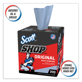Scott® Shop Towels Original (75190), Blue, Pop-Up Dispenser Box, 200 Towels/Box, 8 Boxes/Case, 1,600 Towels/Case (KCC75190)