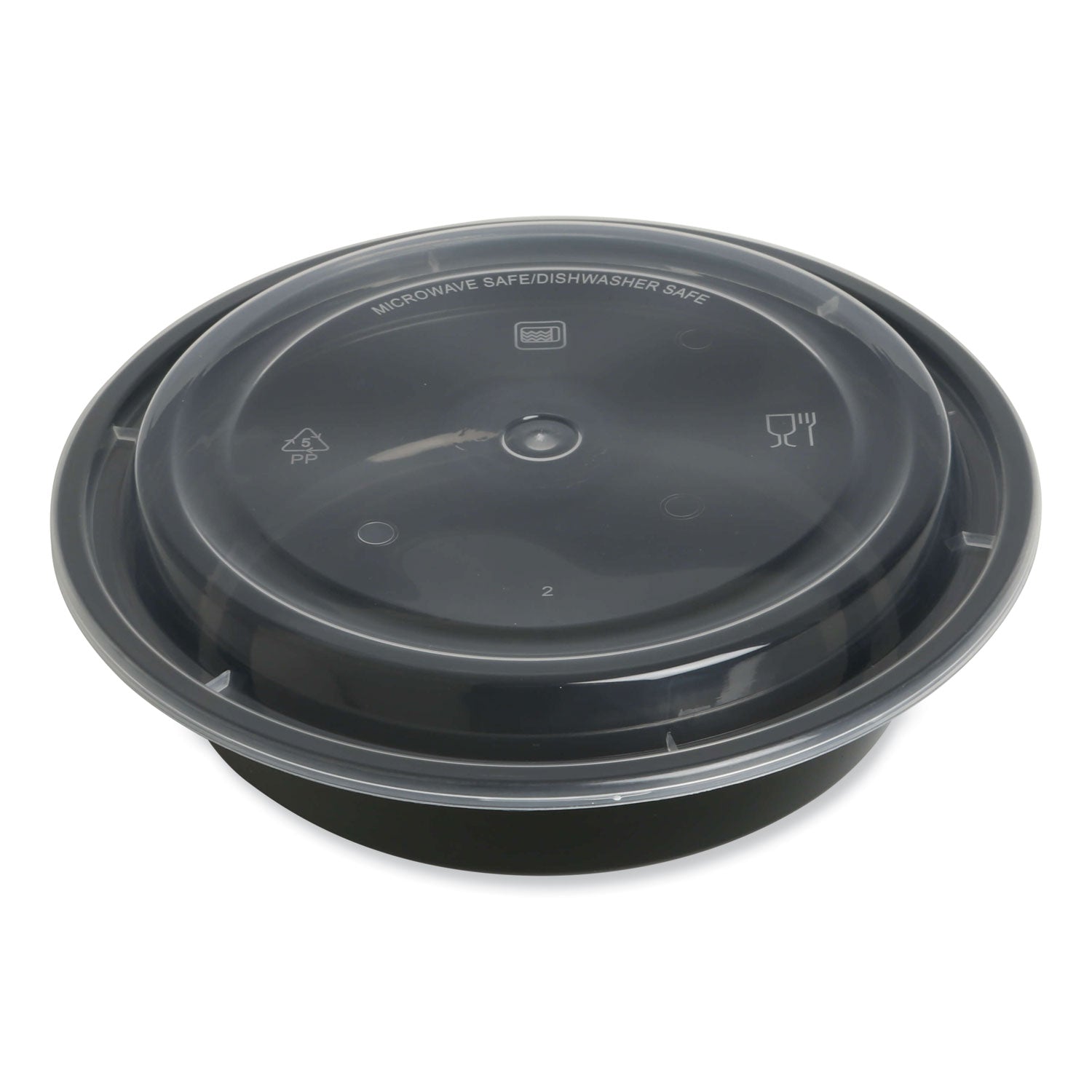 Microwavable Food Container with Lid, Round, 24 oz, 7.28 x 7.28 x 1.96, Black/Clear, Plastic, 150/Carton Microwavable Food Container with Lid, Round, 24 oz, 7.28 x 7.28 x 1.96, Black/Clear, Plastic, 150/Carton