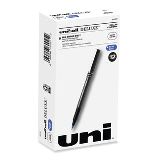 uniball® Deluxe Stick Roller Ball Pen, Micro 0.5mm, Blue Ink, Metallic Gray Barrel, Dozen (UBC60027)