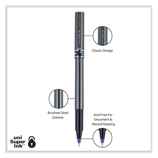 uniball® Deluxe Stick Roller Ball Pen, Micro 0.5mm, Blue Ink, Metallic Gray Barrel, Dozen (UBC60027)