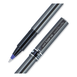 uniball® Deluxe Stick Roller Ball Pen, Micro 0.5mm, Blue Ink, Metallic Gray Barrel, Dozen (UBC60027)