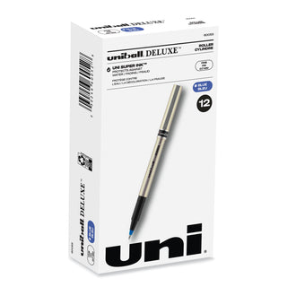 uniball® Deluxe Stick Roller Ball Pen, Fine 0.7mm, Blue Ink, Champagne Barrel, Dozen (UBC60053)