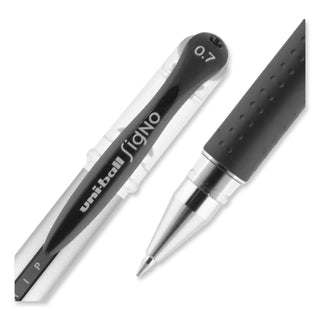 uniball® Signo GRIP Stick Gel Pen, 0.7mm, Black Ink, Silver/Black Barrel, Dozen (UBC65450)