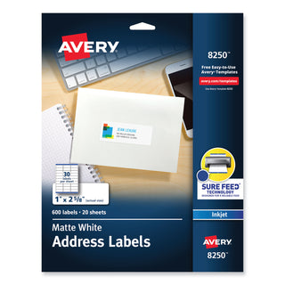 Avery® Vibrant Inkjet Color-Print Labels w/ Sure Feed, 1 x 2 5/8, Matte White, 600/PK (AVE8250)