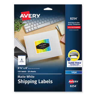 Avery® Vibrant Inkjet Color-Print Labels w/ Sure Feed, 3 1/3 x 4, Matte White, 120/PK (AVE8254)