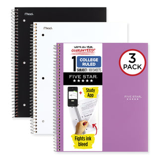 Five Star® Wirebound Notebook with Two Pockets, 1-Subject, Medium/College Rule, Assorted Cover Color, (100) 11 x 8.5 Sheets, 3/Pack (MEA820188)