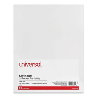 Universal® Laminated Two-Pocket Portfolios, Cardboard Paper, 100-Sheet Capacity, 11 x 8.5, White, 25/Box (UNV56417)