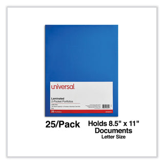 Universal® Laminated Two-Pocket Folder, Cardboard Paper, 100-Sheet Capacity, 11 x 8.5, Blue, 25/Box (UNV56419)