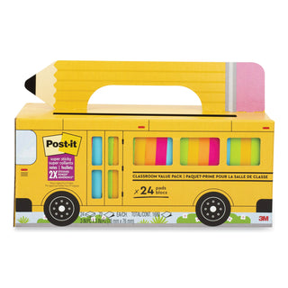 Post-it® Super Sticky Notes Classroom Value Pack, 3" x 3", Square, 65 Sheets per Pad, Orange, Green, Yellow, Pink, Blue, Sticky, Recyclable, Adhesive, Reusable, 24/Pack (MMM65424SSBUS)