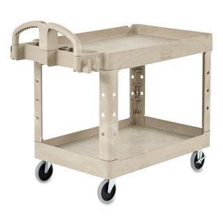Rubbermaid® Commercial BRUTE Heavy-Duty Utility Cart with Lipped Shelves, Plastic, 2 Shelves, 500 lb Capacity, 17.13" x 38.5" x 38.88", Beige (RUB450088BGE)