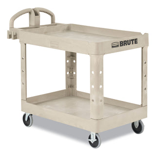 Rubbermaid® Commercial BRUTE Heavy-Duty Utility Cart with Lipped Shelves, Plastic, 2 Shelves, 500 lb Capacity, 17.13" x 38.5" x 38.88", Beige (RUB450088BGE)