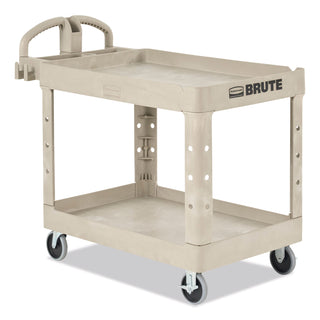Rubbermaid® Commercial BRUTE Heavy-Duty Utility Cart with Lipped Shelves, Plastic, 2 Shelves, 500 lb Capacity, 25.9" x 45.2" x 32.2", Beige (RUB452088BGE)