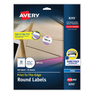 Avery® Vibrant Inkjet Color-Print Labels w/ Sure Feed, 1 1/2" dia, White, 400/PK (AVE8293)