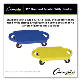 Champion Sports Scooter with Handles, Blue/Yellow, 4 Rubber Swivel Casters, Plastic, 12 x 12 (CSIPGH12)