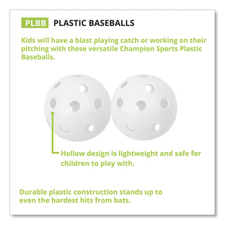 Champion Sports Plastic Baseballs, 9", White, 12/Set (CSIPLBB)