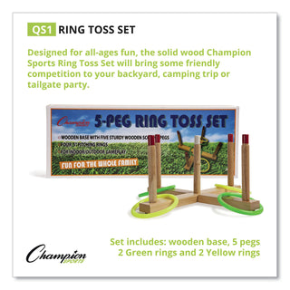 Champion Sports Ring Toss Set, Plastic/Wood, Assorted Colors, 4 Rings/5 Pegs/Set (CSIQS1)