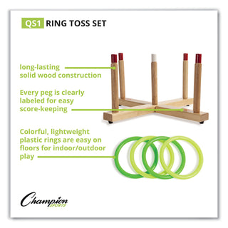 Champion Sports Ring Toss Set, Plastic/Wood, Assorted Colors, 4 Rings/5 Pegs/Set (CSIQS1)