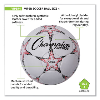 Champion Sports VIPER Soccer Ball, Size 4, 8"- 8 1/4" dia., White (CSIVIPER4)