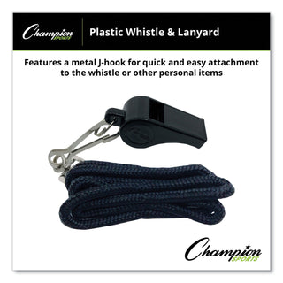 Champion Sports Sports Whistle with Black Nylon Lanyard, Plastic, Black (CSIBP601)