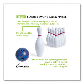 Champion Sports Bowling Set, Plastic/Rubber, White, 1 Ball/10 Pins/Set (CSIBPSET)