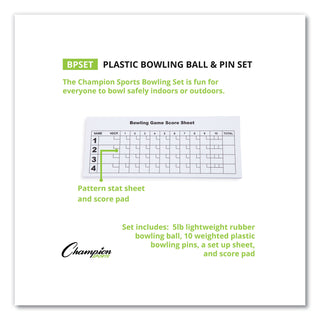 Champion Sports Bowling Set, Plastic/Rubber, White, 1 Ball/10 Pins/Set (CSIBPSET)