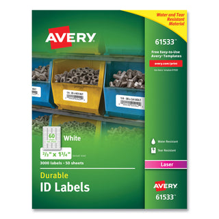 Avery® Durable Permanent ID Labels with TrueBlock Technology, Laser Printers, 0.66 x 1.75, White, 60/Sheet, 50 Sheets/Pack (AVE61533)