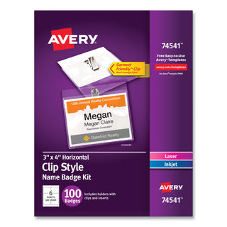 Avery® Clip-Style Name Badge Holder with Laser/Inkjet Insert, Top Load, 4 x 3, White, 100/Box (AVE74541)