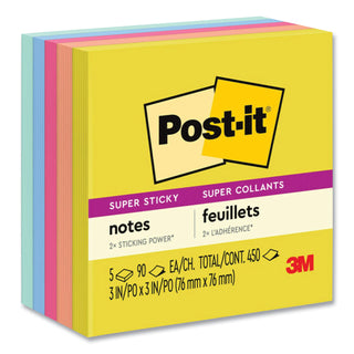 Post-it® Super Sticky Note Pads - Square - 90 Sheets per Pad - Citron, Papaya Fizz, Power Pink, Washed Denim, Fresh Mint - Sticky, Recyclable - 1 Pack (MMM6545SSJOY)