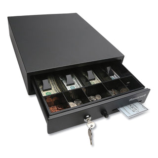 Honeywell Space-Saving Steel Cash Drawer, 4 Bill, 5 Coin Slots, Key Lock, 17 x 13 x 4, Black (HWL6313)