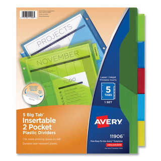 Avery® Insertable Big Tab Plastic 2-Pocket Dividers, 5-Tab, 11.13 x 9.25, Assorted, 1 Set (AVE11906)