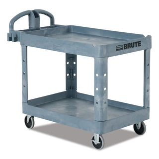 Rubbermaid® Commercial BRUTE Heavy-Duty Ergo Handle Utility Cart, Plastic, 2 Shelves, 750 lb Capacity, 26" x 55" x 33.25", Gray (RCP2192463)