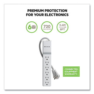 Belkin® Home/Office Surge Protector w/Rotating Plug, 6 Outlets, 8 ft Cord, 720J, White (BLKBE10600008R)