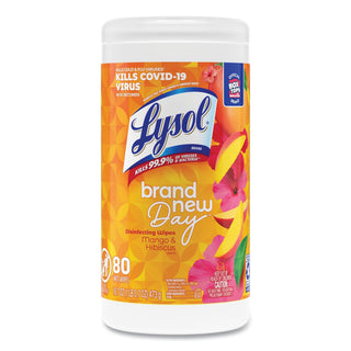 LYSOL® Brand Disinfecting Wipes, 7 x 8, Mango and Hibiscus, 80 Wipes/Canister, 6 Canisters/Carton (RAC97181)